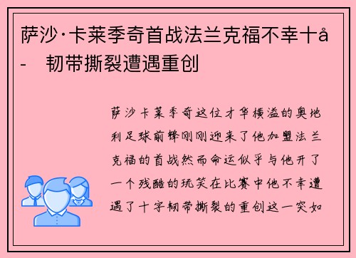 萨沙·卡莱季奇首战法兰克福不幸十字韧带撕裂遭遇重创